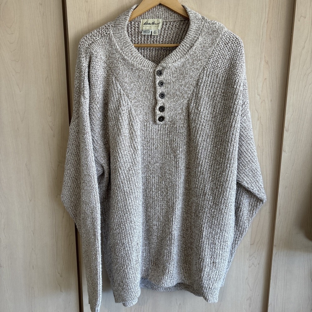 Vintage Eddie Bauer Men's XL Henley‎ Sweater Tan Sand Cotton Knit Made in USA